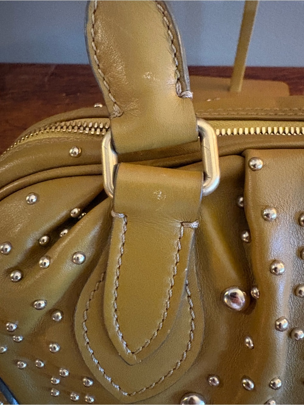 Burberry Orchard Studded Olive Leather Bowling Satchel Bag - Picture 6 of 17